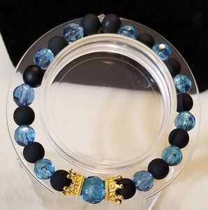 Handcrafted Men's Black Onyx Stone, Blue Beads and Gold King's Crown Bracelet.
